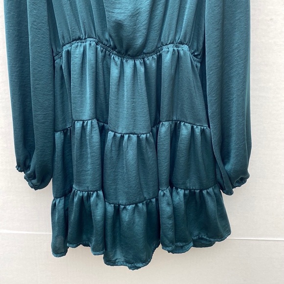 Princess Polly Teal size 10 Randi Satin Tie Front Tiered Fit & Flare Mini Dress - Picture 7 of 9